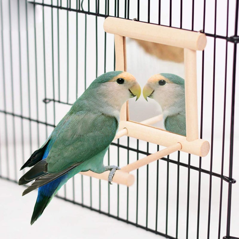 HANZE Bird Mirror Swing with Rattan Ball | Natural Wood Parrot Toy with Metal Hooks for Macaws, Cockatiels, Parakeets, Lovebirds | Safe Chewing & Mental Stimulation - 2 Pack - Image 2
